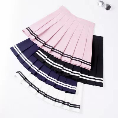 Students School Preppy High Waist A-Line Girls Two Striped Stitching Sailor Pleated Skirt Dance Zipper Skirt