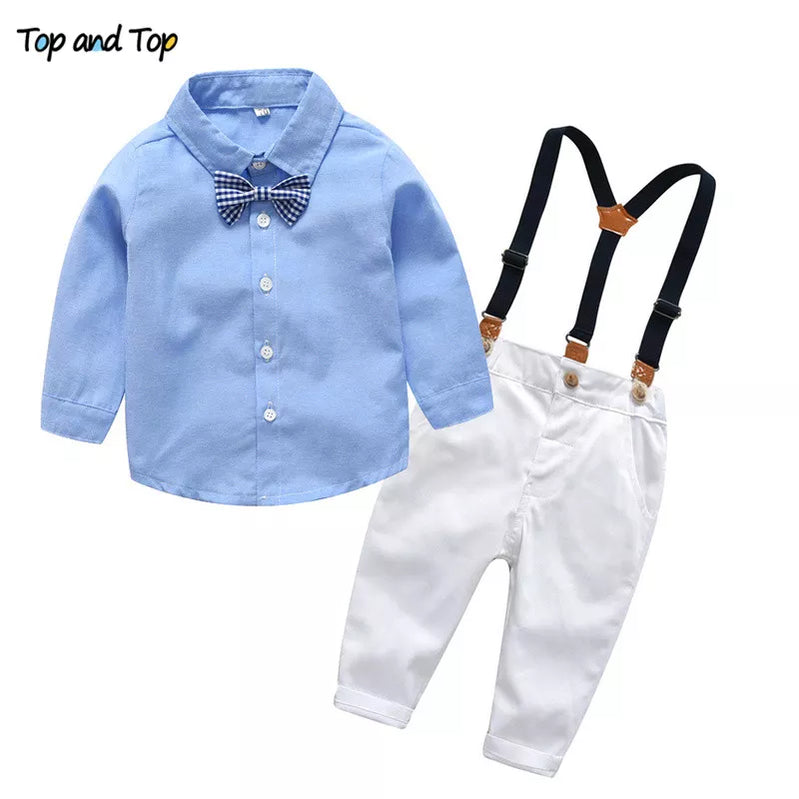 Top- und Top -Jungen Gentleman -Kleidungsstücke Herbst Kids Formal Anzüge Langarm Shirt+Hosenträger Hosen lässige Jungen Kleidung