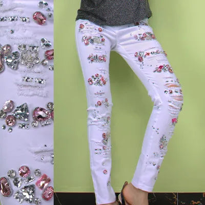 Bead Diamond Ripped Jeans Femme Pants Stretch Jeans Hole Elastic Skinny Jeans Woman Pencil Pants White Jeans Female 1610
