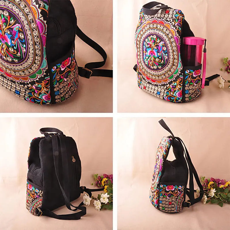 Vintage Artistic Embroidered Women Canvas Backpacks Handmade Floral Embroidery Rucksack Schoolbag Denim Travel Bags