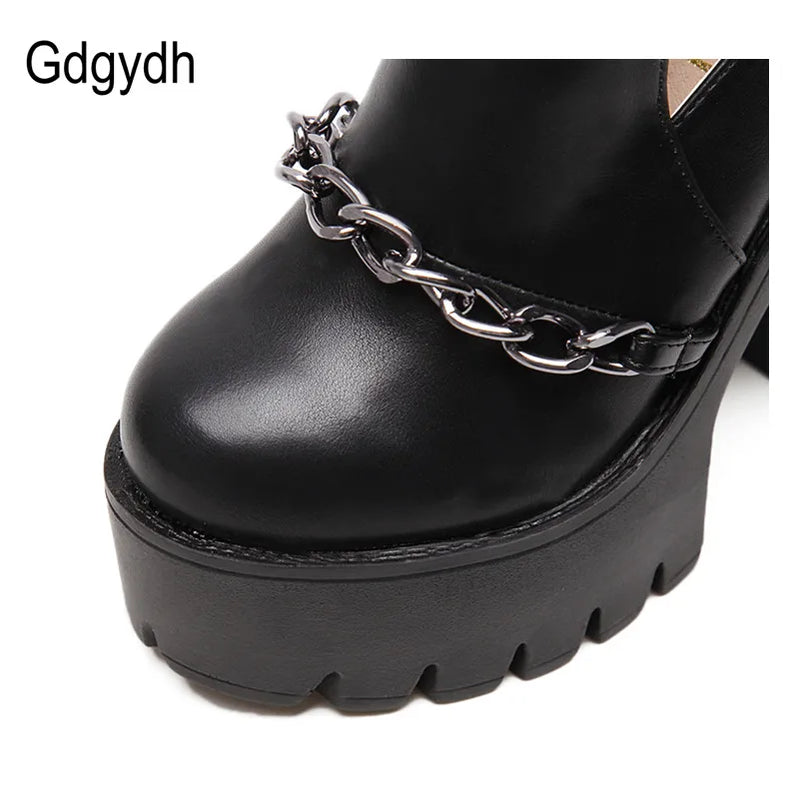Spring Autumn Fashion Ankle Boots for Women High Heels Casual Cut-outs Buckle Round Toe Chain Thick Heels Platform Shoes