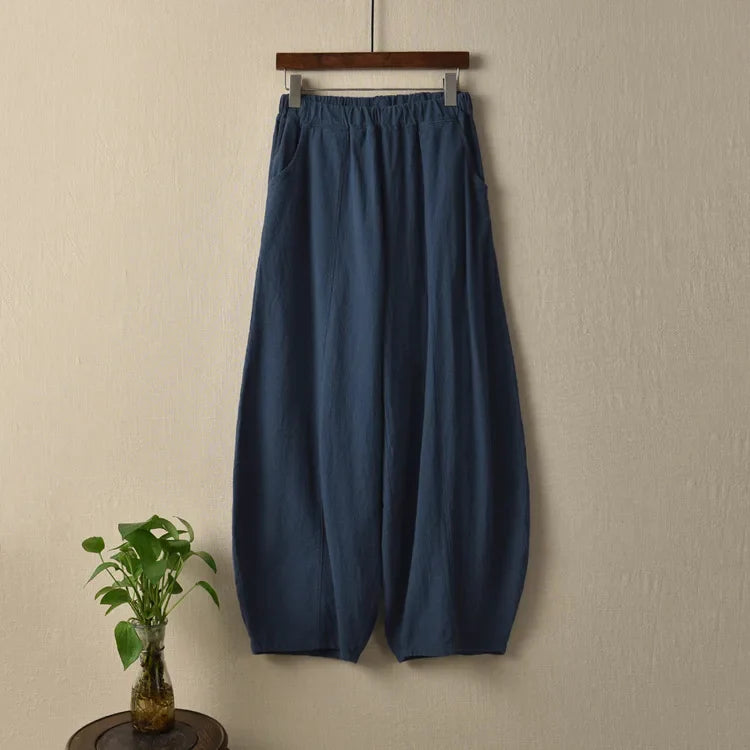 Johnature Casual Style Cotton Linen Women Pants Spring Summer New Elastic Waist Solid Color Women Vintage Wide Leg Pants Dark blue One Size