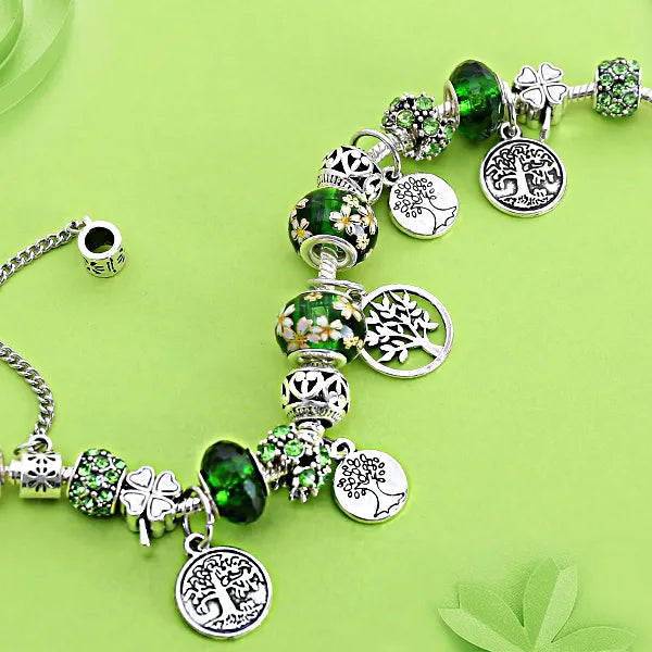 Silver Color Tree of Life Fashion Bead Bracelets Green Leaf Floral Crystal Charm Bracelet & Bangle Pulsera Jewelry