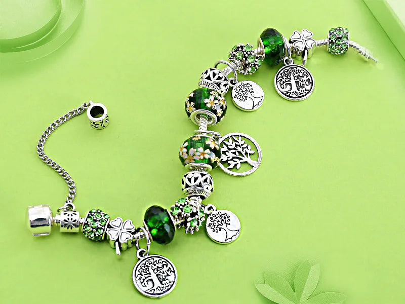 Silver Color Tree of Life Fashion Bead Bracelets Green Leaf Floral Crystal Charm Bracelet & Bangle Pulsera Jewelry