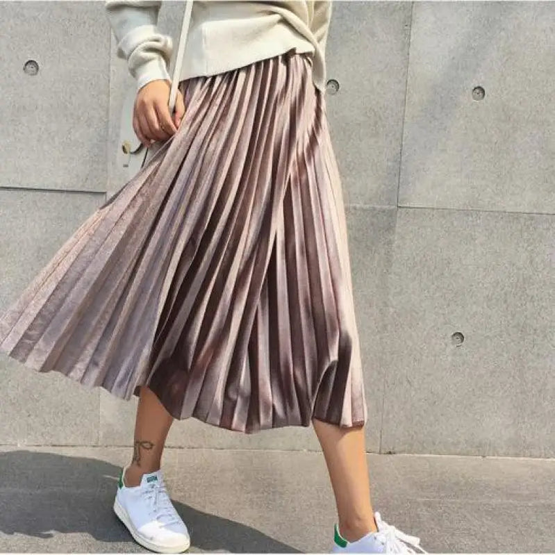 Spring Women Long Metallic Silver Maxi Pleated Skirt Midi Skirt High Waist Elascity Casual Party Skirt