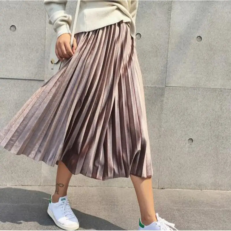 Spring Women Long Metallic Silver Maxi Pleated Skirt Midi Skirt High Waist Elascity Casual Party Skirt