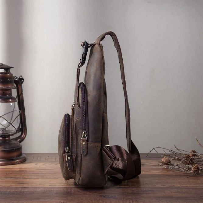 Men Original Crazy horse Leather Casual Triangle Crossbody Chest Sling Bag Design Travel One Shoulder Bag Daypack Male 8015