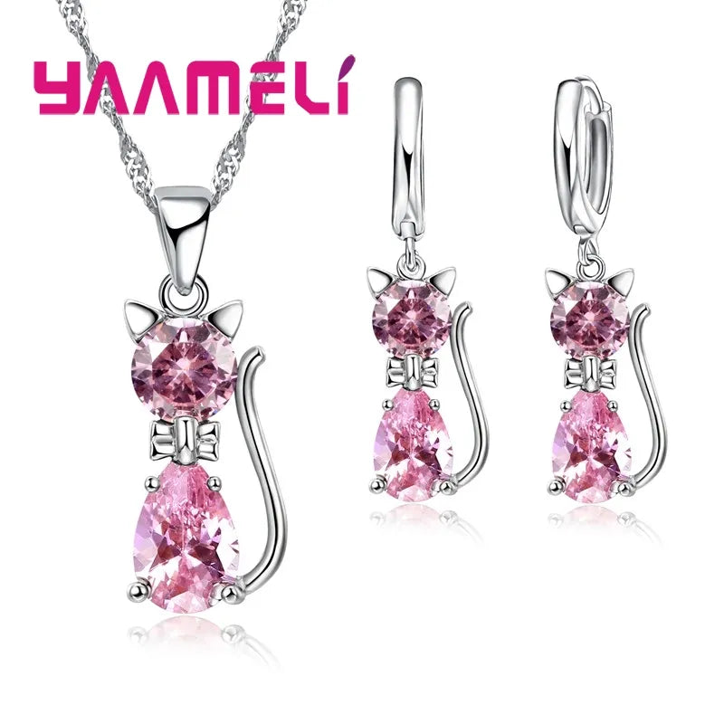 925 Sterling Silver Color Jewelry Sets for Woman Girls Shining Austrian Crystal Cute Cat Pendant Necklace Huggie Earring Pink