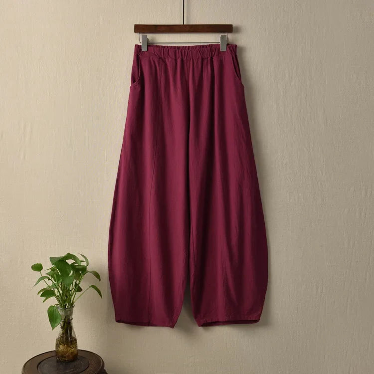 Johnature Casual Style Cotton Linen Women Pants Spring Summer New Elastic Waist Solid Color Women Vintage Wide Leg Pants Wine red One Size