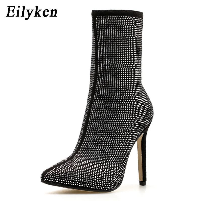 Plus Size 35-42 Woman Ankle Boots Rhinestones High Heels Shoes Zipper Pointed Toe Sexy Motorcycle Booties For Females