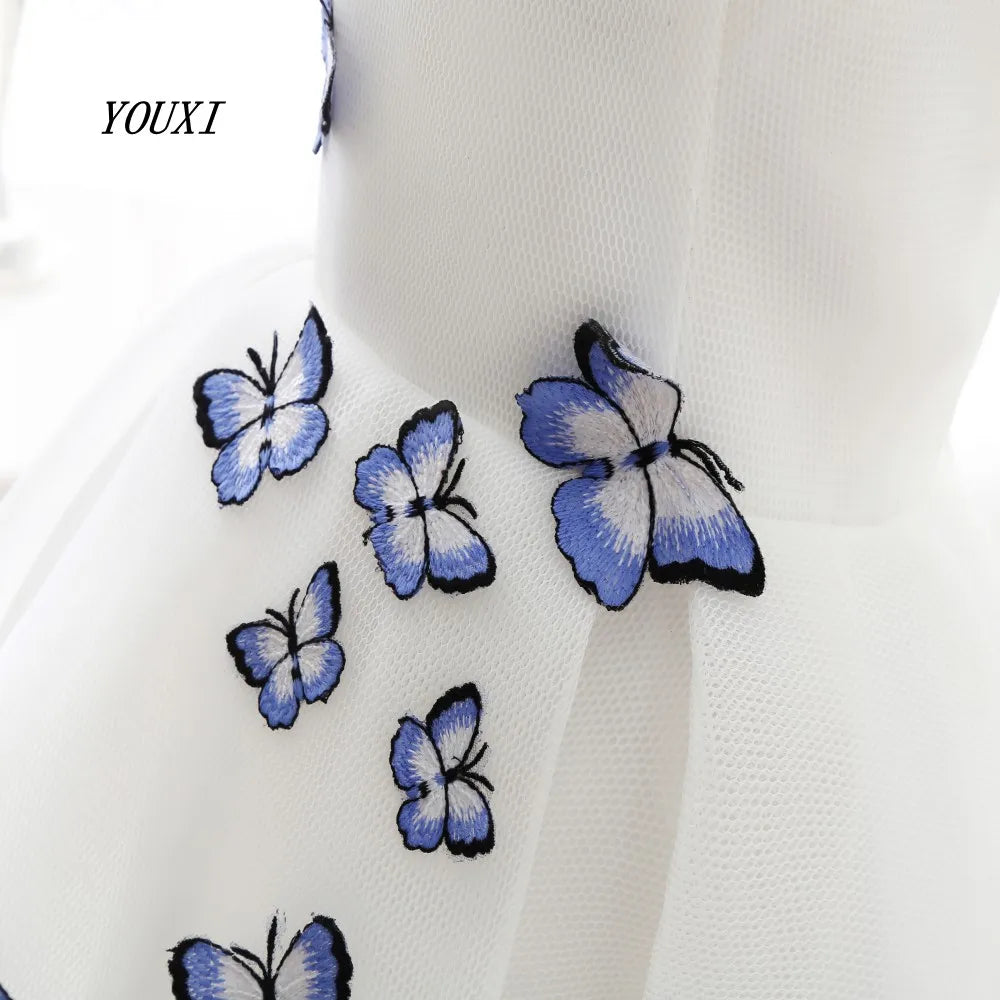 Short Prom Dresses Graduation V-Neck White Blue Flowers Real Photos Party Formal Gown YOUXI