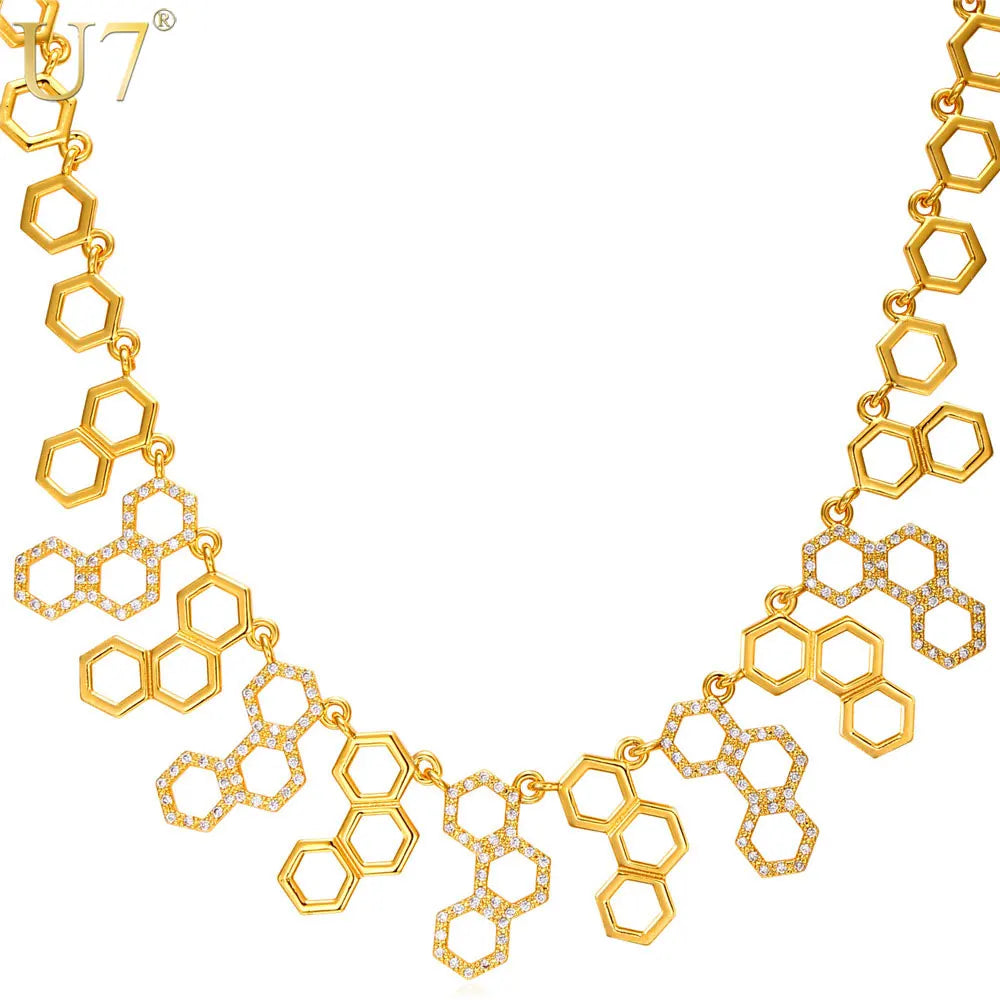 U7 Hexagonal Jewelry New Trendy Molecule Necklace For Women Gold Color Party Statement H2O Necklace  N546