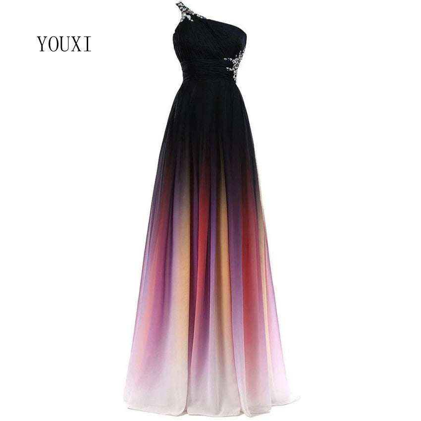 Sexy Criss-Cross Back One Shoulder Ombre Blue Black Red Chiffon Long Prom Dresses Formal Party Gowns MULTI