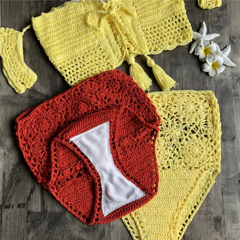 Crochet High Leg Bandeau Bikini Set Swimwear Female Two Pieces Swimsuit High Waist Bikini Women Bathing Suit Biquini 2019 New