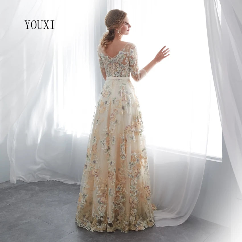 Floral Prom Dresses Lace 3/4 Sleeves A-line Champagne Belt Empire Waist Long Evening Gowns Vestido De Formatura