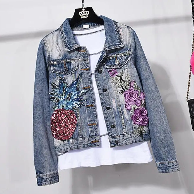 two pieces sets spring new fashion women hole pineapple sequin embroidery flower denim jacket+skinny jeans coat