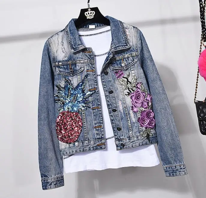 two pieces sets spring new fashion women hole pineapple sequin embroidery flower denim jacket+skinny jeans coat