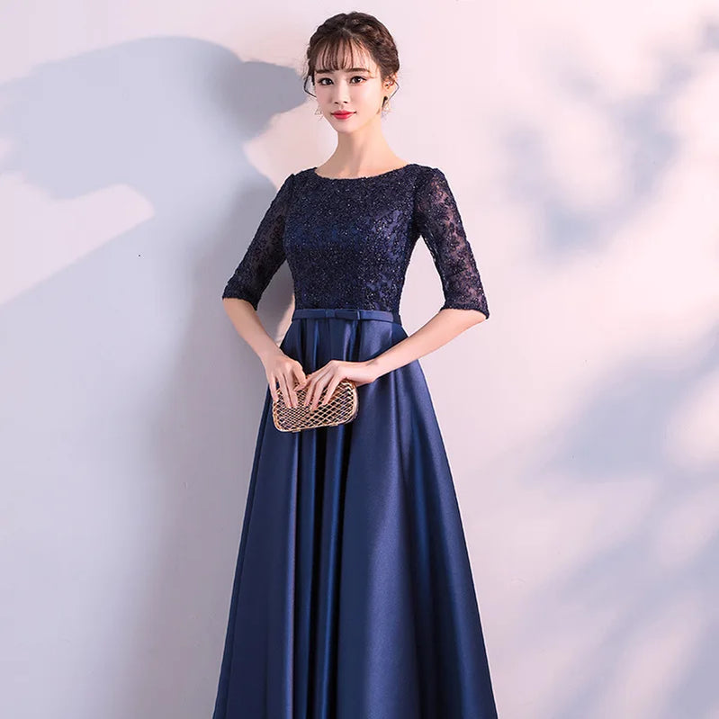 LONG FORMAL EVENING DRESSES ELEGANT LACE SATIN NAVY BLUE VESTIDOS WOMEN PARTY GOWN