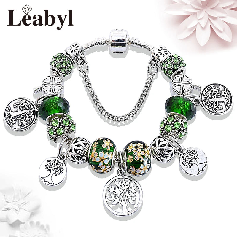 Silver Color Tree of Life Fashion Bead Bracelets Green Leaf Floral Crystal Charm Bracelet & Bangle Pulsera Jewelry