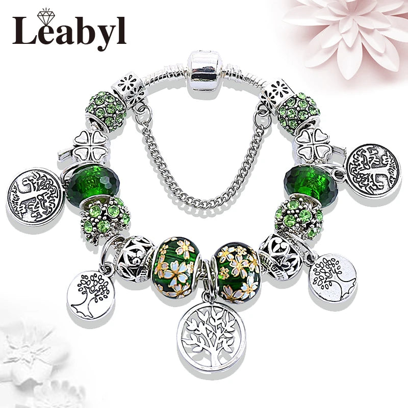 Silver Color Tree of Life Fashion Bead Bracelets Green Leaf Floral Crystal Charm Bracelet & Bangle Pulsera Jewelry