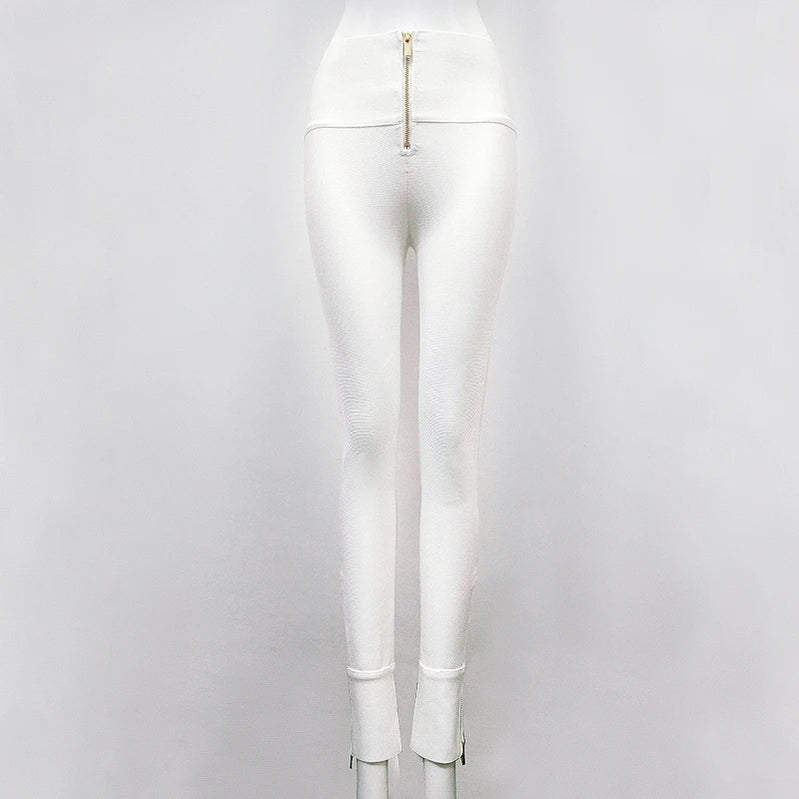 Calça feminina de inverno, promoção, sexy, com zíper nas costas, preta e branca, estilo bandagem, 2020, designer, justa, elástica, calça lápis feminina