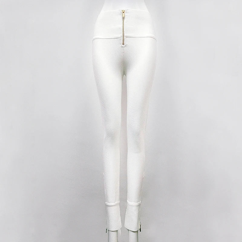 Calça feminina de inverno, promoção, sexy, com zíper nas costas, preta e branca, estilo bandagem, 2020, designer, justa, elástica, calça lápis feminina