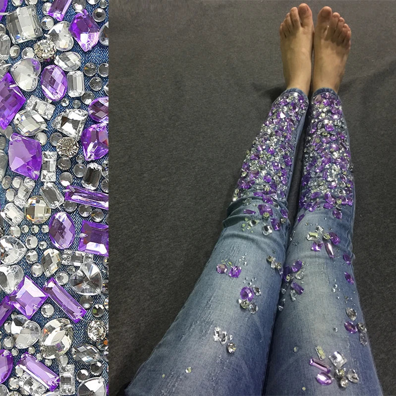 Women purple Rhinestones Sequins Jeans with Crystal Diamond Skinny Pencil jeans 25-30