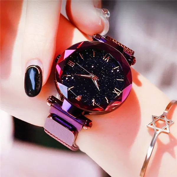Reloj Mujer Luxury Starry Sky Women Watches Magnetic Mesh Belt Band Watch Women's Fashion Dress Wristwatch Zegarek Damski Purple