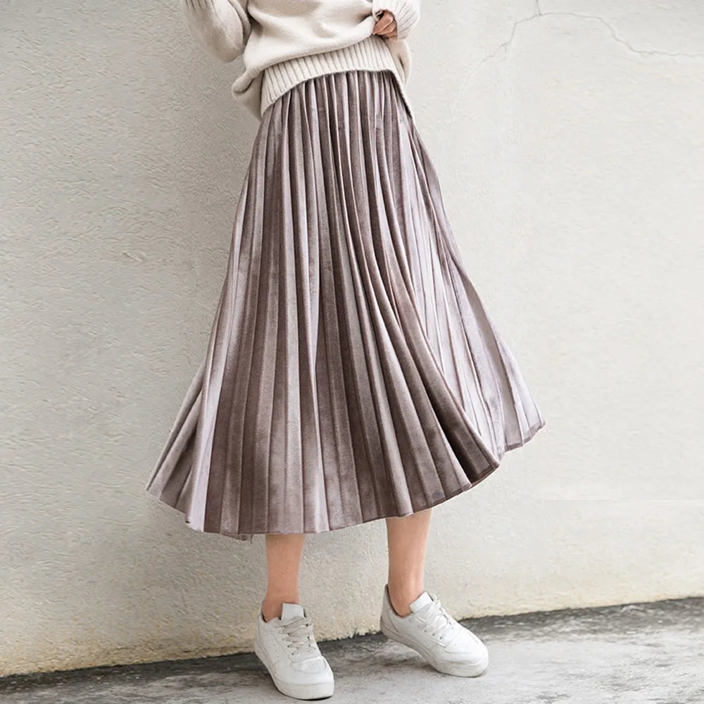 Spring Women Long Metallic Silver Maxi Pleated Skirt Midi Skirt High Waist Elascity Casual Party Skirt