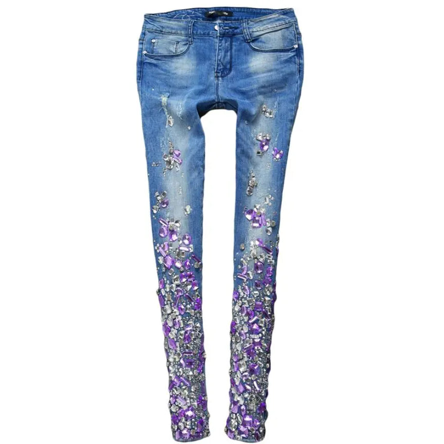 Women purple Rhinestones Sequins Jeans with Crystal Diamond Skinny Pencil jeans 25-30 blue