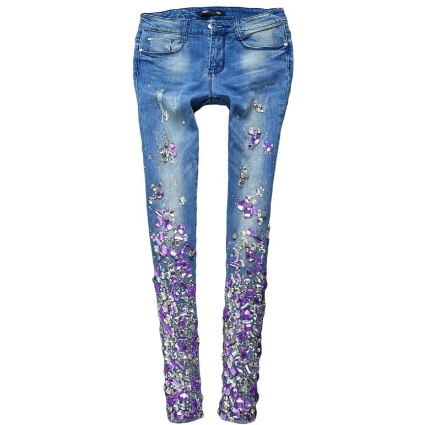 Women purple Rhinestones Sequins Jeans with Crystal Diamond Skinny Pencil jeans 25-30 blue