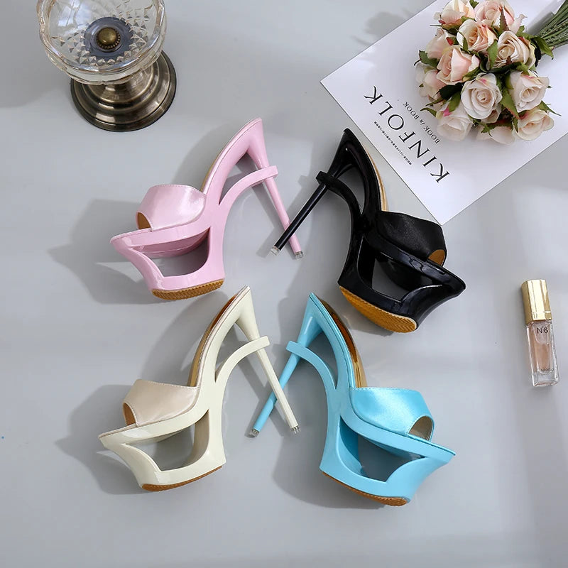 Shoes Woman Summer Slippers Sliders Female+Shoes Platform Silk Strange Style Heel 15cm Satin Face Shoes Sandalias Mujer