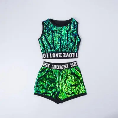 Sequin Kids Ballroom Dance Costume Crop Top Dancing Short Pant Girls Hip Hop Hoodie Jazz Dance Coat Fashion Dancewear Clothing Top and Pant