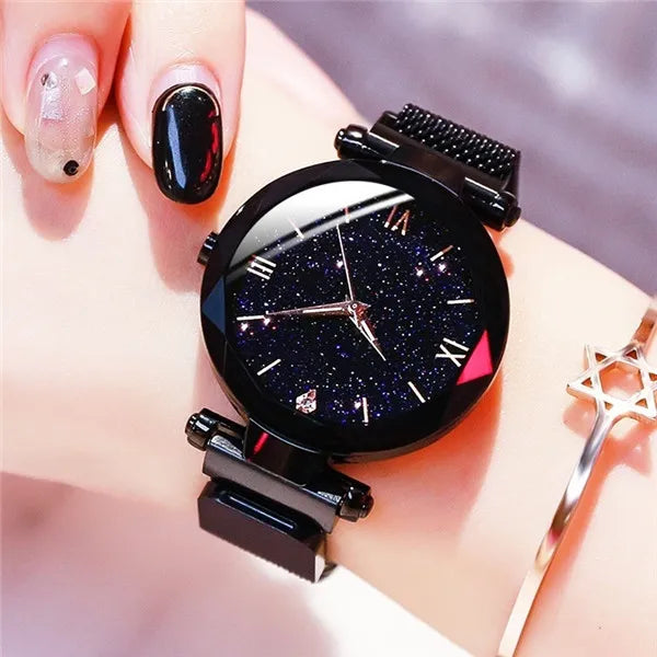 Reloj Mujer Luxury Starry Sky Women Watches Magnetic Mesh Belt Band Watch Women's Fashion Dress Wristwatch Zegarek Damski Black
