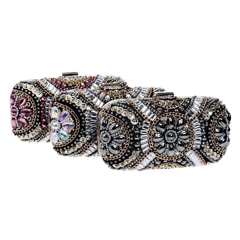 SEKUSA Women's Crystal Evening bag Retro Beaded Clutch Bags Wedding Diamond Beaded Bag Rhinestone Small Shoulder Bags