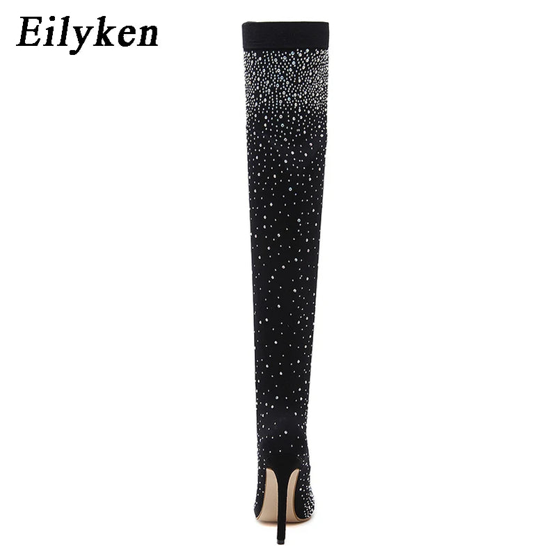 Fashion Runway Crystal Stretch Fabric Sock Over-the-Knee Boot Thigh High Pointed Toe Woman Stiletto Heel Shoes