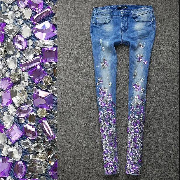 Donne jeans d'argento con jeans di paillettes di strass con jeans a matita skinny cristallina