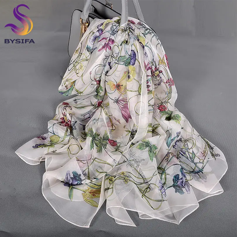 [BYSIFA] White 100% Silk Scarf Cape Fashion Floral Design Long Scarves Women Summer Utralong Beach Shawl Winter Scarves180*110cm White Floral