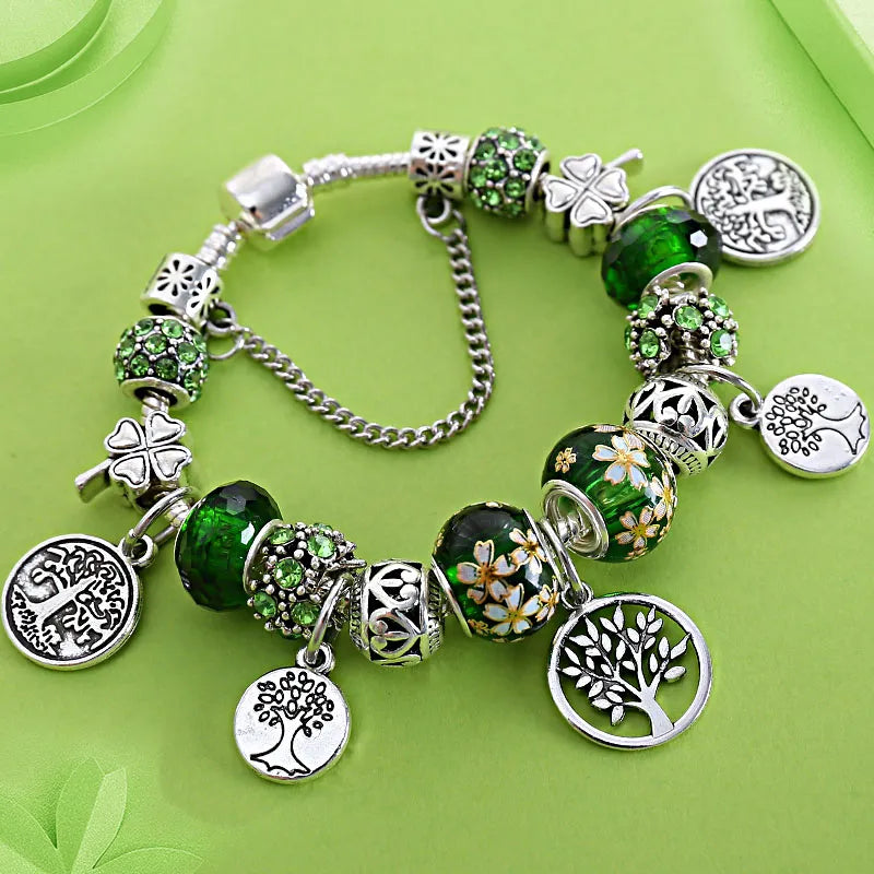 Silver Color Tree of Life Fashion Bead Bracelets Green Leaf Floral Crystal Charm Bracelet & Bangle Pulsera Jewelry L80829 Green