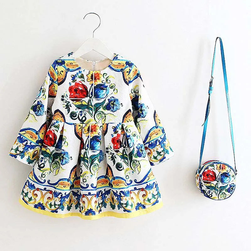 Long Sleeve Dress Girl Dress 2024 Autumn Winter Floral Print Toddler Girl Dresses Kids Clothes Children Dress with Bag 88