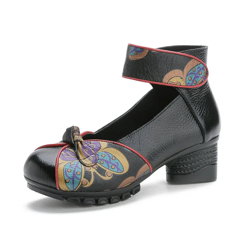 Women Pumps Casual Style Square Med Heel Spring Elegant Shallow Ladies Thick with Shoes Genuine Leather Sandals XT00161-Black