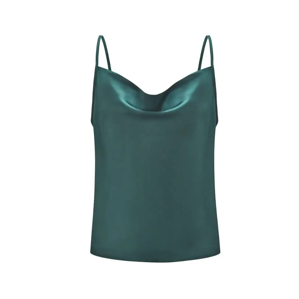White Basic Women Silk-Like Satin Tops Vest Summer Sexy Camis Tank For Ladies Strappy Camisole Top Shirts Grunge Femme Clothes DARK GREEN