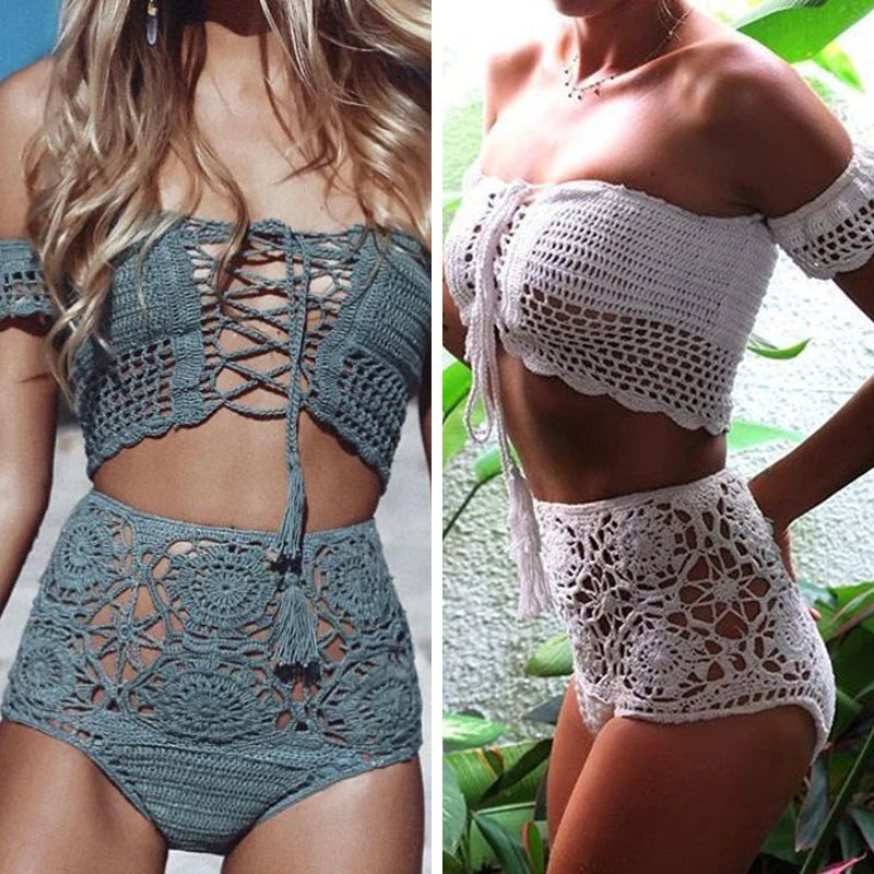 Crochet High Leg Bandeau Bikini Set Swimwear Female Two Pieces Swimsuit High Waist Bikini Women Bathing Suit Biquini 2019 New
