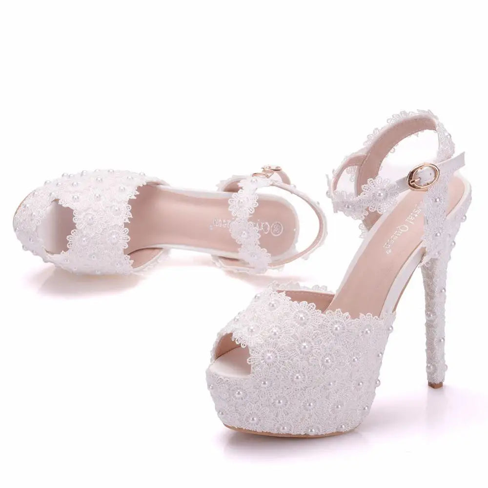 Crystal Queen White Lace Flower Wedding Shoes Slip On Bridal Sandals High Heel Women Pumps Shallow Round Toe white