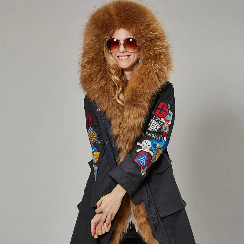MaoMaoKong Natural Raccoon Fur Collar Women Jacket X-Long Embroidery Large Real Fur Hooded Parkas Winter Coat 1