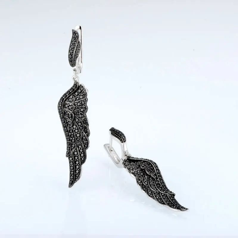 SANTUZZA Silver Earrings For Women Pure 925 Sterling Silver Black Spinel Angel's Wing Elegant brincos Dangling Fine Jewelry