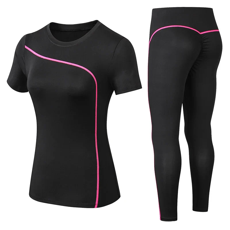 Yoga Set Quick Dry 2 Piece Female Short-sleeved long Pants Outdoor Sportswear Fitness suit Plus Size Sport outfit for woman Pink CHINA