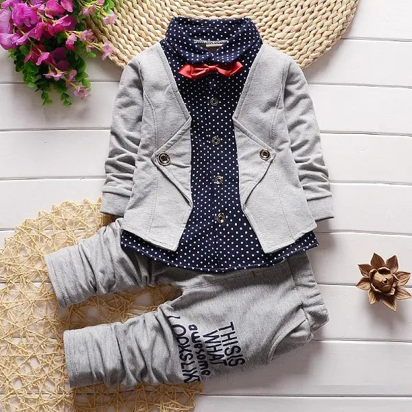 Kids Thinner Clothes Sets Spring Autumn Tracksuit Baby Boys Kid Long Sleeve Gentleman Suits Children T Shirt Pants Clothing Sets Gray