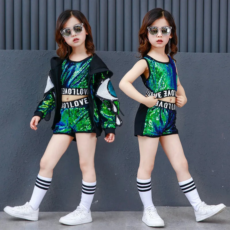 Sequin Kids Ballroom Dance Costume Crop Top Dancing Short Pant Girls Hip Hop Hoodie Jazz Dance Coat Fashion Dancewear Clothing