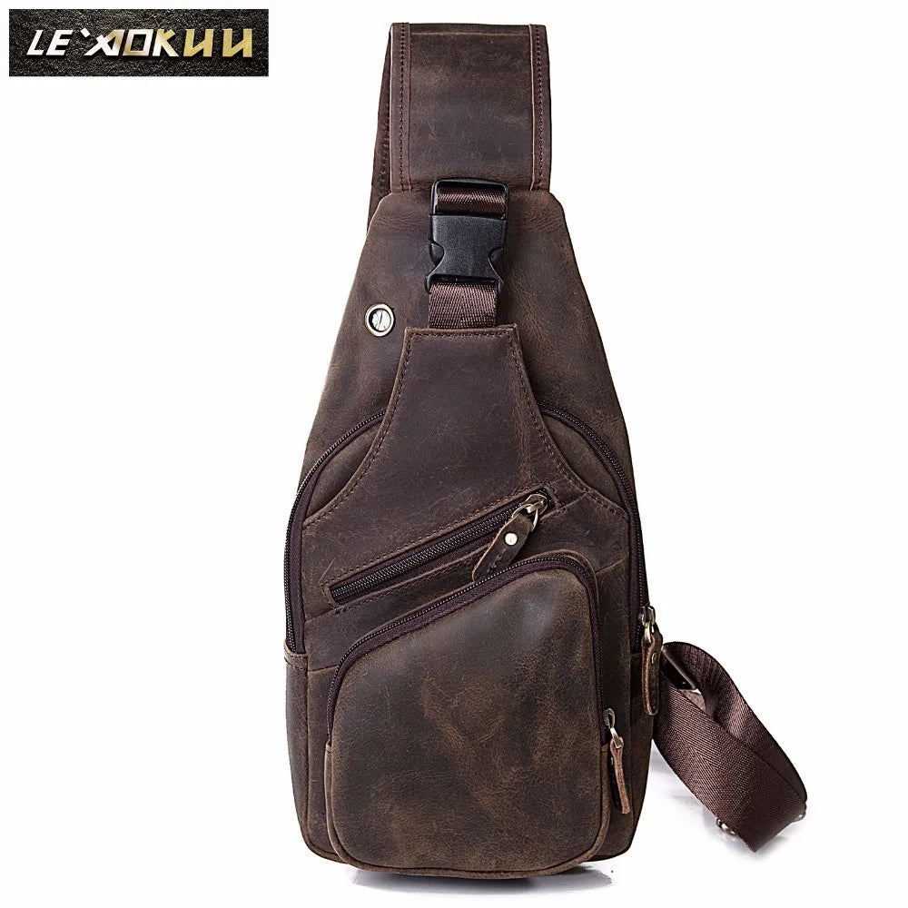 Men Original Crazy horse Leather Casual Triangle Crossbody Chest Sling Bag Design Travel One Shoulder Bag Daypack Male 8015